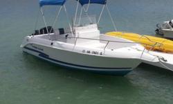 Center console power boat. 115 hp Mercury 2-stroke outboard motor. Includes Raymarine navigation, new radio, new swim ladder, bimini top. fishing gear, inflatable and ropes for towing/skiing, seven life vests, fire extinguisher, fenders, anchor and