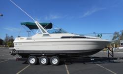 Twin MerCruiser 350 cid, 5.7L V8 engines, port: aprx 877 hours; starboard: aprx 899 hours;
Twin Alpha One sterndrives w/stainless steel props;
Trim tabs;
(5) Batteries w/switches;
Battery charger;
Shorepower;
Halon;
Hatch covers;
Metal Craft 3-axle