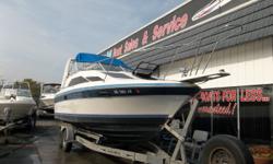 This 1988 Bayliner 2550 ciera cabin cruiser is powered by a 260hp OMC motor. features include: Bimini top, trim tabs, sleeps six, dockside power, dual batteries, stereo, VHF radio, bow pulpit, battery charger, enclosed head, pressure water, loaded with