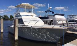 An iconic name and an excellent example of a 37' Egg Harbor convertible. New reman engines in 2014 with only 200 hours. Recent high end bridge enclosure. It sleeps six easily and has washer/dryer, central vac and AC/Heat. All wood trim is in great shape