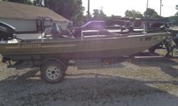 1991 16 ft Lowe Big Jon boat with a 1996 40hp Evinrude (E40TTLEDS) motor. It sits on a 1991 Haul Rite Trailer. The boat has rear, middle, and front seat bases. It has a Minnkota 55 lb thrust trolling motor.