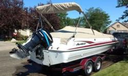 2000 Hurricane Fun Deck 201 with Dual-Axle Trailer 2000 Hurricane Fun Deck 201 model in excellent condition 21 feet in overall length White fiberglass hull with a two-tone White and Maroon vinyl interior Equipped with a 150hp Single Mercury OptiMax motor