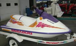 A nice PWC, with a 60 hp Rotax engine. This Jet Ski is easy on gas. The trailer makes it easy to move and load. WE TAKE ANY8THIN IN TRADE!! Stock ID: 5020Specs
Length Overall (LOA): 8' 3"
Category: Personal Watercraft
Water Capacity: 0 gal
Type: 
Holding
