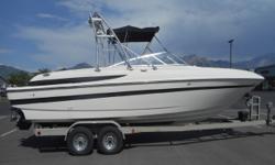 MerCruiser 454, 7.4L engine - BAD ENGINE - WATER IN OIL, no hour meter;
Bravo III dual-prop sterndrive w/stainless props
(3) Batteries w/switch
Metal Craft 2-axle trailer w/surge brakes, electric
trailer jack & custom rims;
Thru-hull exhaust
Trim tabs