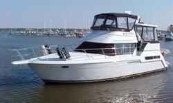 This Carver has the Fuel injected 7.4L Crusaders and includes a Hard top, Cherry wood interior, Radar, GPS, AutoPilot, CD Player w/Bose speakers, Hardwood galley floor, Bridge cover w/Bimini and full enclosures(black), 2 recliners and much more. Call