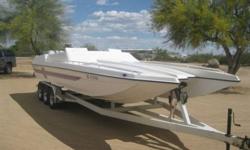 1998 Warlock 25 SXT 1998 WARLOCK 25 SXT, 468 BLOWER MOTOR hyd.steering all rigged new in "07". 29 degree pitch merc prop. 2 covers. Hydraulic steering. Electric Hatch. Tr--Axle Trailer. Call boat owner Alan at 602-499-7867.
Category: Powerboats
Water