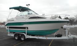 MerCruiser 5.7L, 260 hp engine, no hour meter
MerCruiser sterndrive
Tandem-axle trailer w/surge brakes, spare tire, & side guides.
Halon
Shorepower
(3) Batteries w/switch
Battery charger
Hot water heater
Aluminum spare prop
Bimini w/partial enclosure
