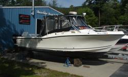 Standard Features Include; remote spot light, windlass anchor, shore power, rear bench seat, combing pads, courtesy lighting, canvas top w/ side curtains, self bailing cockpit, enclosed head w/ pump out,.
Fishing; This boat has everything for the