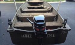 Aluminum 14 ft. Starcraft Shallow-V, w/ trailer & 9.8 merc. Ss tiller handle. Clean good running motor with new water pump- serviced at brownies. Fuel line and tank included. Boat is mud Brown (Great camo for hunting rivers and reservoir banks) w/