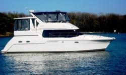 An excellent choice for adventures at sea, this 2000 Carver 406 Aft Cabin MY has twin Cummins 370B, 370HP, about 1350 hrs, engine sync, Kohler generator, A/C, VHF w/hailer, chart plotter, auto pilot, radar, tri-data. Bridge has stereo w/CD player and DVD