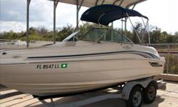 Boat has been repowered with a BRAND NEW ENGINE. Options included: bimini top, swim platform, depthfinder, AM/FM/stereo w/remote, and battery switch. Trailer available. Stock ID: 4774Specs
Length Overall (LOA): 19'
Category: Powerboats
Water Capacity: 0