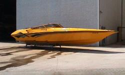 2001 Fountain Lightning, 35 feet, Twin 575 Upgraded Supercharged Engines, Beautiful, solid yellow with black graphics. Very fast. Never been in salt water. Full head, never been used. Full solid leather cuddy. Bimini top, never used. Always stored out of
