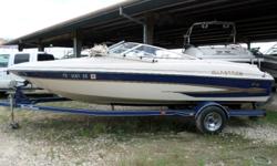 2002 GLASTRON GX205 01RB, has the bigger 02 Volvo Penta 5.0 GL Carb. 92.7 hours. 220 hp. Volvo SX OD. 21 pitch alum 3 blade prop. Road Runner trailer w/spare tire mount-no tire. 10 person/1475 lbs. Snaps for cover, but no cover. Bimini top. CD stereo.