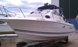 TWIN 140 HP ENGINES! 4 STROKE! You can have a big boat with and smaller fuel cost. Equipped with GPSMAP/FISHFINDER. VHS, trim tabs and windlass anchor. Kept high and dry. Has been stored inside a maria. Has a walk through windshield, cockpit seating and