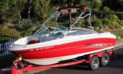 Bimini top red, red snap on cover, custom travel cover, open bow with wakeboard tower, depthfinder, trolling control, etc, swim platform with ladder, red and white excellent condition, 12 engine hours, includes emergency required equipment. Call Margie