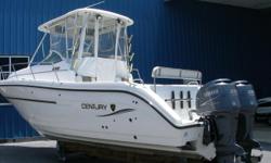 2004 Century 3200 Walk powered by a pair of Yamaha F225 with 327 hours. This large walk around is super clean and is ready for a summer of fishing and cruising. The helm is outfitted with Furuno GPS and bottom machine, auto pilot, VHF radio, and has a