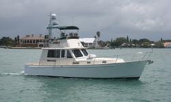 Description
MORNING STAR is a Legacy 40 sedan flybridge with her single Cummins QSM-11 (635 hp) engine she is very fuel efficant the Mark Ellis designed hull is a Modified Deep V she will plan off at 11 knots and can be cruised as fast as 21 knots WOTis