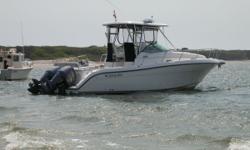 Twin 250 hp four stoke Yamahas, hard-Top with speaders and fluorescent light, full enclosure, cockpit cover, 180 quart fish boxes/macerators, deluxe leaning post captains chairs seating, windlass system w 300 rope & chain, trim tabs/ trim tab indicator/