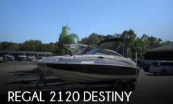 Actual Location: Sanford, FL
- Stock #095136 - NICE CLEAN BOAT / LOW HOURS / GREAT FOR TUBING OR SKIING / 2014 TRAILER2006 Regal 2120 Destiny. This Deck boat has lots of room, storage, head area, swim deck, Transom door, New Kenwood stereo with Sat. and