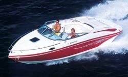You will love the power of this pre-owned 2006 Rinker Captiva 246 Cuddy with Mercruiser 5.7 EFI in good condition. It has docking lights, am/fm/cd stereo, snap-in carpet, cockpit cover, & tandem axle aluminum trailer with brakes. It also has a camper top