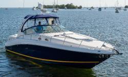 Beautiful blue hull with matching canvas enclosures, she is ready for entertaining or coastal cruising in style. Equipped with twin MerCruiser 370hp V-drive inboards, cruise at 25 knots (top speed in low 30's).
Canvas and soft goods recently replaced. New