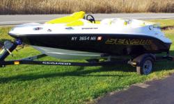 Super clean 2010 SeaDoo Speedster 150 jet boat. Powered by Rotax 155hp Four Stroke jet drive with only 191 hours (only 32 hours per year) Matching SeaDoo single axle bunk trailer with wheel jack. Full mooring cover. Pop up ski pylon. Full swim platform.