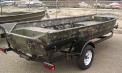NEW BOAT
INCLUDES BREAK-UP CAMO, TREAD PLATE FLOOR, BENCH SEAT, NAVIGATION LIGHTS, AND AN EXTRA SEAT BASE IN THE FLOOR. PICTURED WITH HAUL RITE TRAILER. BOAT HAS A 16" TRANSOM. PRICE DOES NOT INCLUDE TRAILER. TRAILER IS AN ADDITIONAL $1300.00. THESE