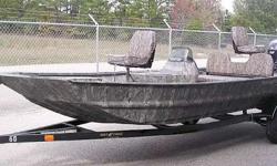 BUCKBRUSH CAMO
NEW 2012 754LDBR WAR EAGLE. RIGGED WITH A SUZUKI 50HP 4-STROKE ENGINE AND TRAILER. INCLUDES LIVEWELL, BENCH SEAT AND STORAGE BOX, NAV LIGHTS, 12 VOLT TROLLING MOTOR BRACKET AND WIRING, BUILT IN GAS TANK, AND 3 ACROSS SEATING ON FRONT DECK.