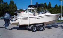 New in-stock model featuring a 250 Yamaha 4 Stroke and optional port side sleeper seat, blue Vista bimini top w/ 3 sided enclosure, stereo, cockpit bolsters, raw water wash down & livewell.SpecificationsBeam Amidships : 8' (2.44 m)Bridge Clearance : 5'6"