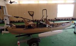 2013 Nucanoe with 2 seats, rod holders, paddle, out riggers, watersnake trolling motor with 54 lbs thrust 12 volt and a 2014 Continental trailer.