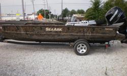 2013 SeaArk Easy 200 with 250 Mercury Verado. The boat has flotation pods, a stainless steel ladder, bimini top, custom stereo, cup holders, gatorhide, two upholster lounge seats with storage, two extra fishing seats, tons of storage, and is duck brush