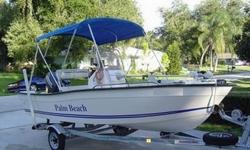 I HAVE A REALLY NICE VERY WELL KEPT AND MAINTAINED PALM BEACH CENTER CONSOLE FISHING BOAT , A TURN KEY WITH EXTRAS, THIS IS A 16 FOOT THAT HAS A LIFE TIME WARRANTY AS IN THE PICTURES, THESE ARE BULT FOR PALM BEACH BY KEY LARGO, THE VERY SAME BOAT JUST A