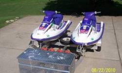 Two 95 kawasaki jet skis superb condition with double triton aluminum trailor. We had them for three years and had tons of fun. Previous owners, including myself, have kept these garage stored. Never been kept outside. No cuts in seats(still look like