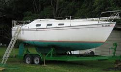 1978 26 foot Chrysler sailboat with a 2006 model Tohatsu four stroke 5 horse motor, and trailer.