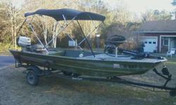 this here is a 1988 16 ft 48 wide aluminum starcraft fishing boat. It has a large front deck with a battery compatment that holds 2 batteries. Also has a large dry storage for life jackets and tackle boxes. has LED light throughout the boat and inside