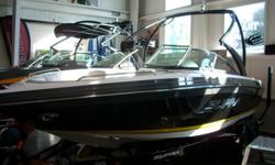 340hp upgrade, water strainer, docking lights, under water transom lighting, logo storage cover, transom audio remote, progressive tower, heater, tandem trailer with spare tire, runway lighting. We?ve redesigned the helm station with a lower dash and a