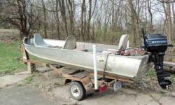 14 foot v-bottom fishing boat with a trailer and 7.5 hp Mercury motor, everything is in good condition, no leaks and the motor runs great!! Call with any questions!660-254-3285 or 816-752-0460