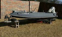 Fishing boat,16ft color black fiberglass, trolling motor and trailer. Motor is 40 HP Johnson (OMC) model J40EEN with remote controls and auto oiler (all controls up front). Motor year model is 1992 with very low hours and taken good care of. Has electric