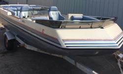 Harris Flote-Dek Deck Boat with Volvo Penta Duoprop V8 Power. Great Acceleration and Speed with efficiency from the Duo Prop! Includes Trailer. Boat was stored on trailer out of weather. Nice condition and a good value for this age.