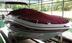 2013 Hurricane SunDeck. Actual Boat used in the 2013 Sundeck Brochure.
Chile Red/White exterior
Camel Leather-Upgrade.
Length 22 8
Weight 4899lbs
454 Cubic Inch 320 Horsepower
9 person capacity
Maroon Canvas Canopy
Snap in bamboo carpet
Trailer Included