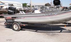 1989 17' Lowe on a 1990 B&M Trailer with a 100 hp Mercury. The boat has a right steering console, front center seat, rear center seat, and two middle seats. It also has a Hummingbird Piranha1 fish finder and a Pro Series 45 Tracker Motorguide trolling